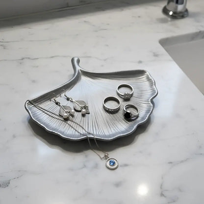 Silver gingko leaf dish tray with engraved vein details