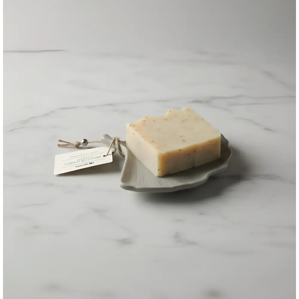 Off-white soap bar with speckles on concrete gingko leaf dish