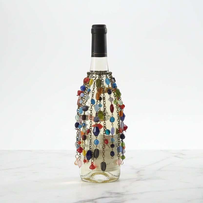 Colorful beaded bottle covers on three wine bottles, Copper Bead Bottle Wrap