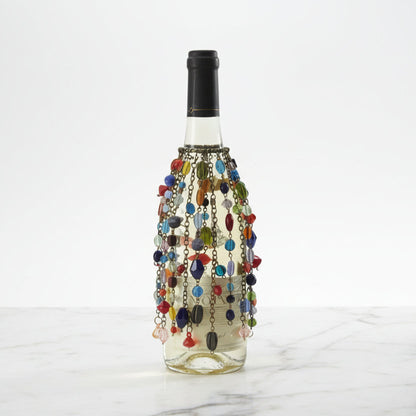 Colorful beaded bottle covers on three wine bottles, Copper Bead Bottle Wrap