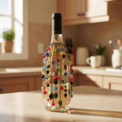 Copper Bead Bottle Wrap: clear wine bottle with colorful beaded cover