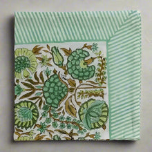 Green Heron hand block print napkins set of 4 with floral pattern and striped border