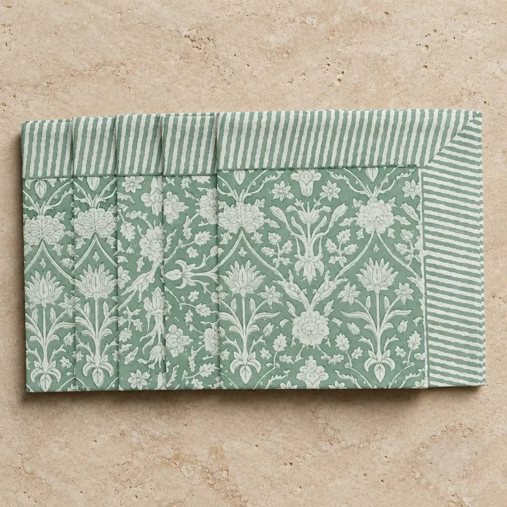 Cotton block print napkins set of 4 with mint green and white floral pattern and striped border in traditional indian block style