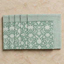 Cotton block print napkins set of 4 with mint green and white floral pattern and striped border in traditional indian block style