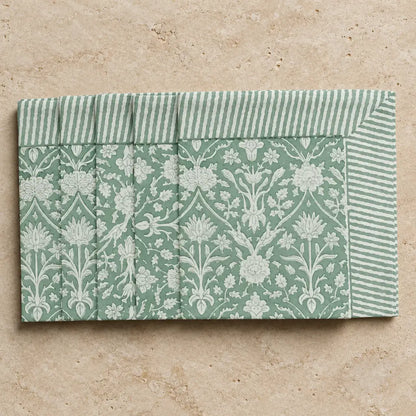 Cotton block print napkins set of 4 with mint green and white floral pattern and striped border in traditional indian block style