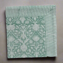 Light green cotton napkins with traditional Indian cotton block print floral and striped patterns