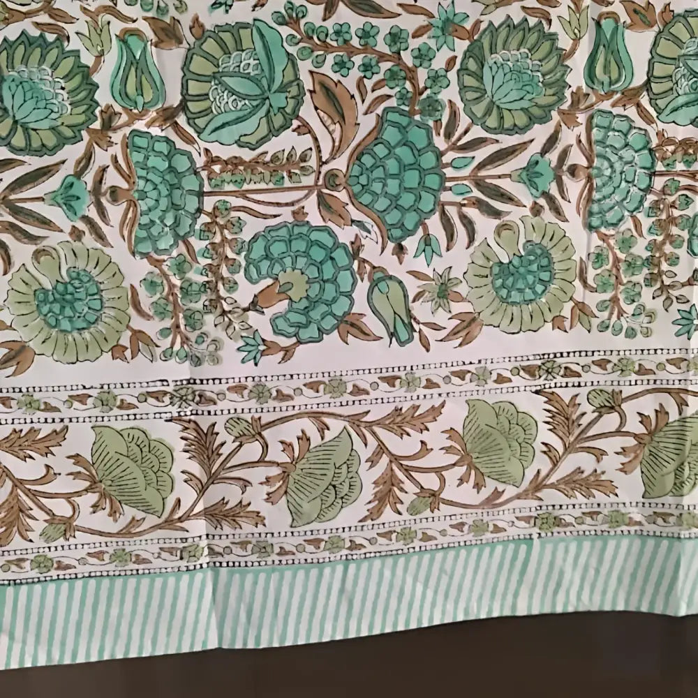 Cotton Block Print Tablecloth ~ Green Heron - Tablecloth