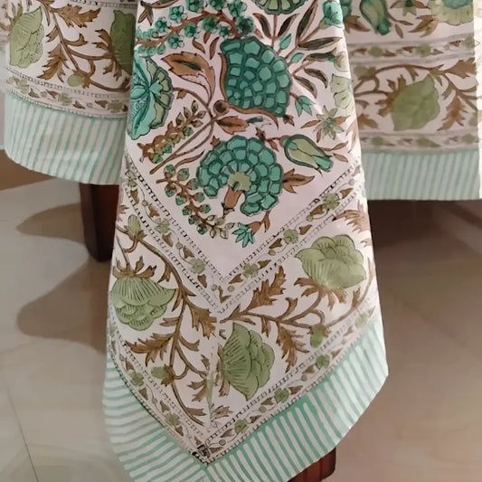Cotton Block Print Tablecloth ~ Green Heron - Tablecloth