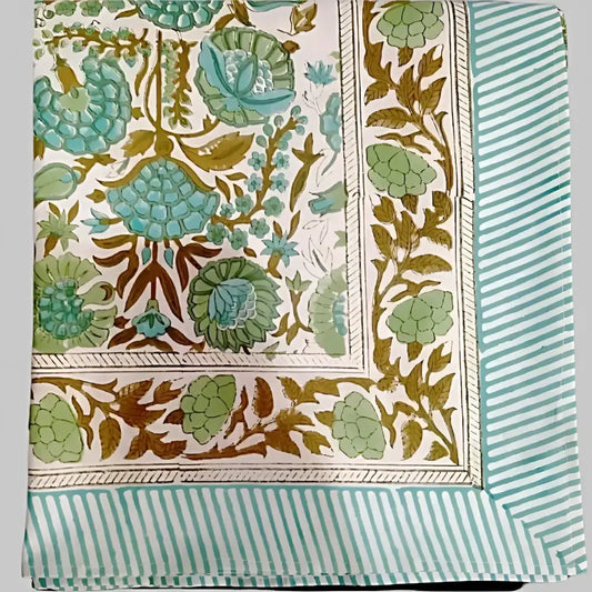 Cotton Block Print Tablecloth ~ Green Heron - Tablecloth