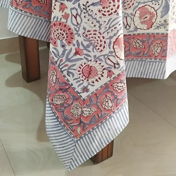 Cotton tablecloth with floral print and striped borders, perfect multicolor printed tablecloth