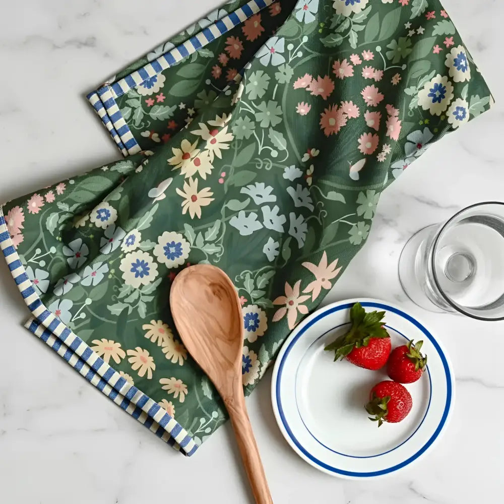 Cotton tea towel green garden with green floral print and blue white striped border perfect for kitchen use