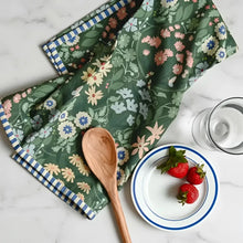 Cotton tea towel green garden with green floral print and blue white striped border perfect for kitchen use