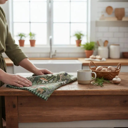 Green woodland cotton tea towel with forest scene design