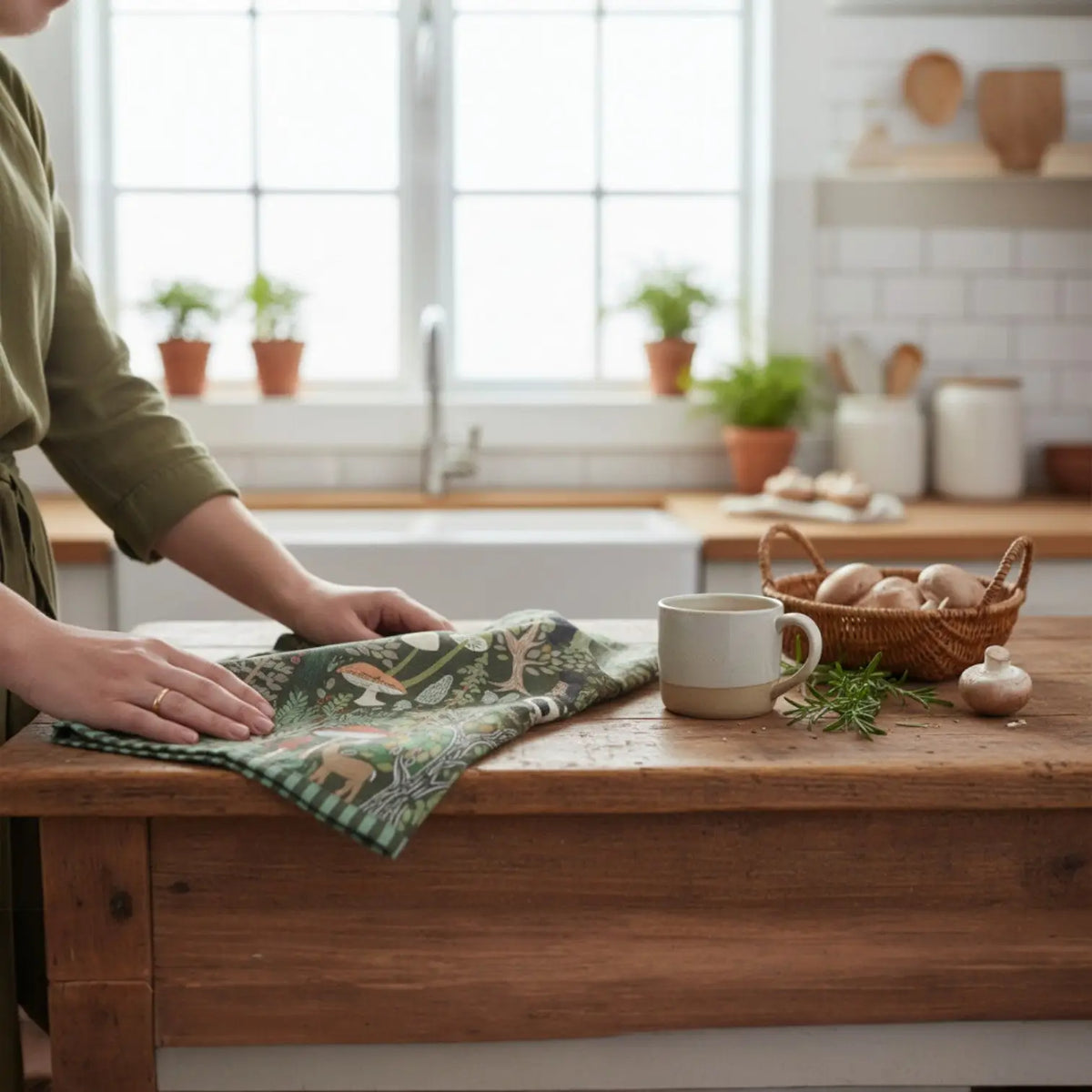 Green woodland cotton tea towel with forest scene design