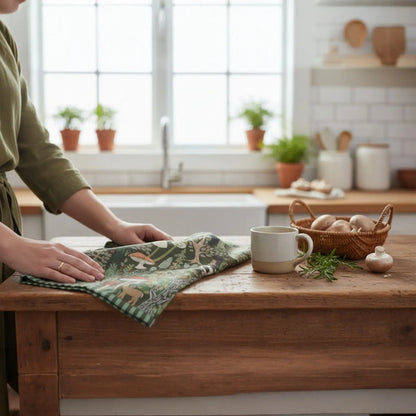 Green woodland cotton tea towel with forest scene design