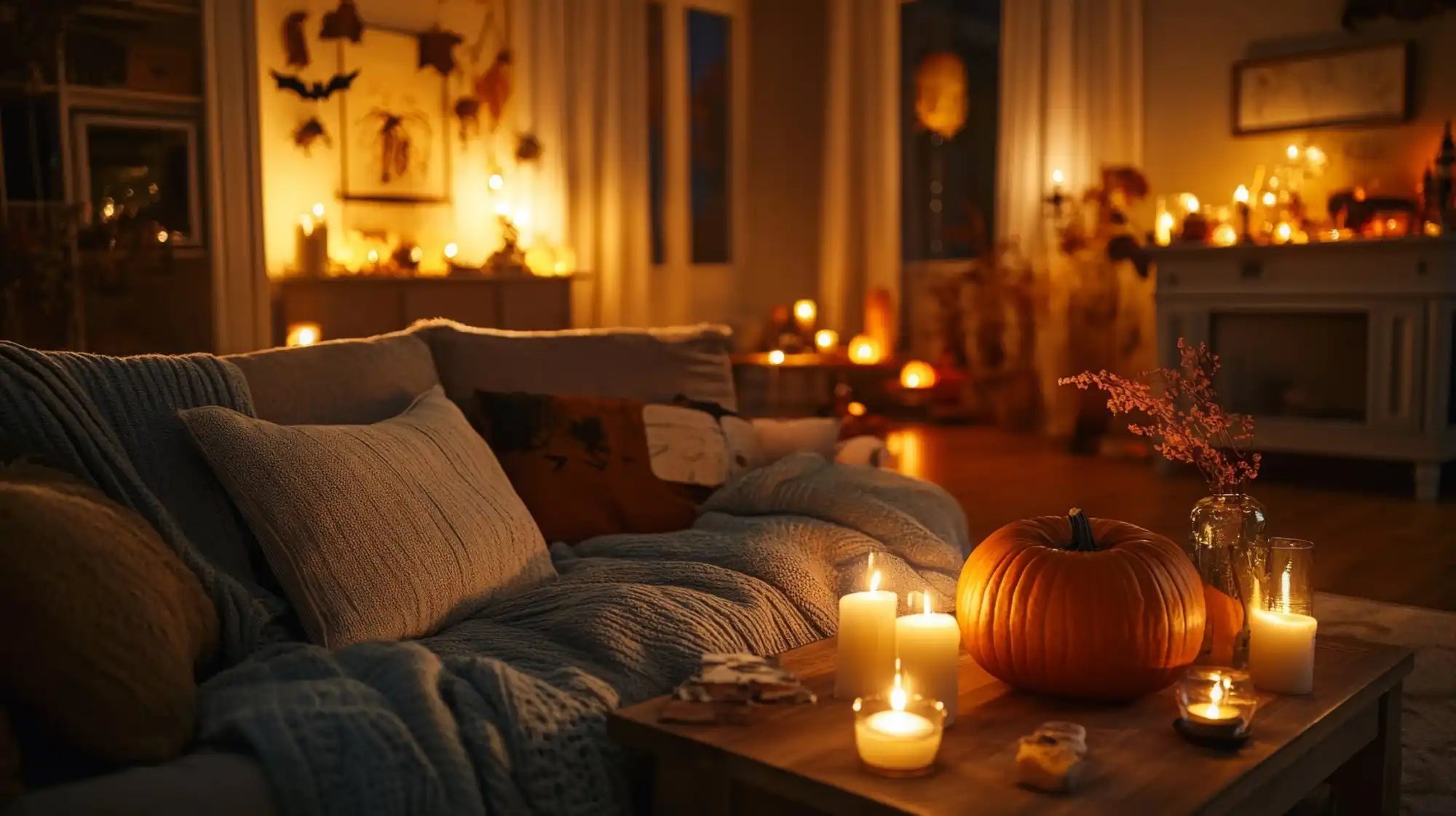 Cozy living room decorated for Halloween with warm lighting