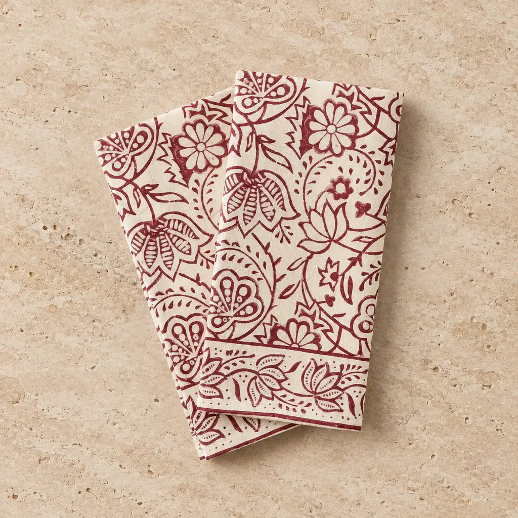 Cream-colored cranberry vine block print napkins with intricate burgundy floral and paisley block printed floral patterns set of 2
