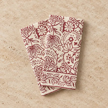 Cream-colored cranberry vine block print napkins with intricate burgundy floral and paisley block printed floral patterns set of 2
