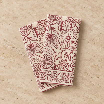 Cream-colored cranberry vine block print napkins with intricate burgundy floral and paisley block printed floral patterns set of 2