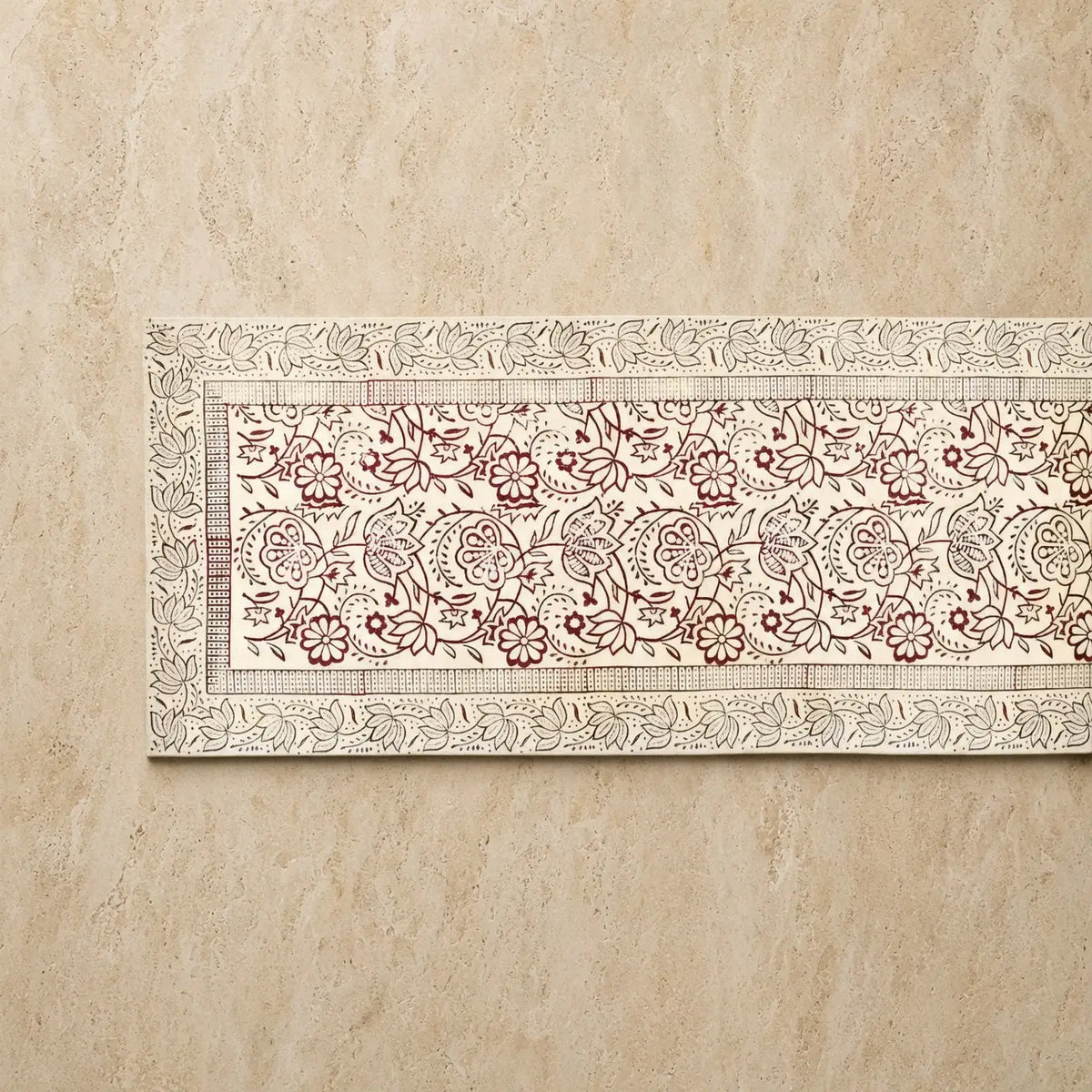 Beige cranberry vine block print table runner with floral patterns in burgundy and gray ink machine wash friendly