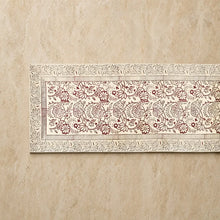 Beige cranberry vine block print table runner with floral patterns in burgundy and gray ink machine wash friendly