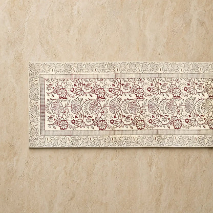 Beige cranberry vine block print table runner with floral patterns in burgundy and gray ink machine wash friendly