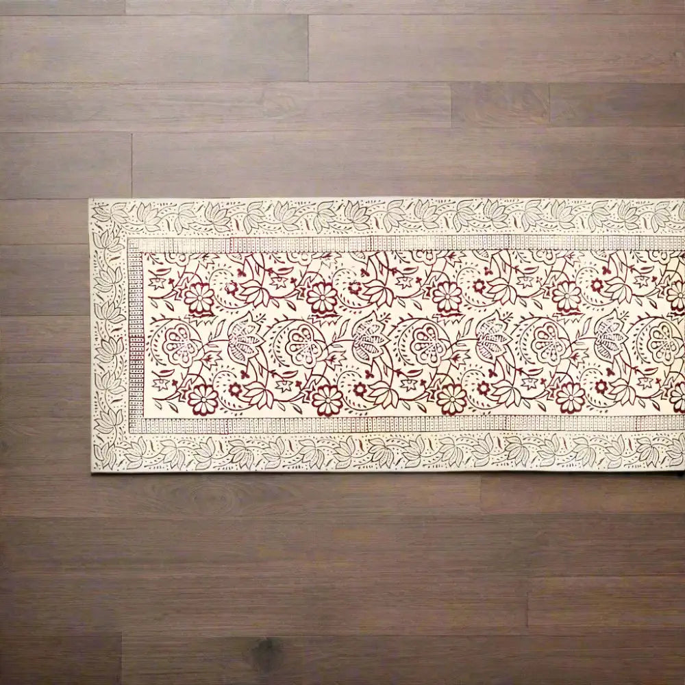 Cranberry Vine Block Print Table Runner with floral patterns, machine washable off-white design