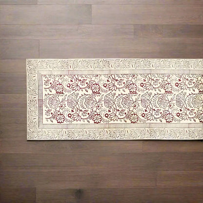 Cranberry Vine Block Print Table Runner with floral patterns, machine washable off-white design