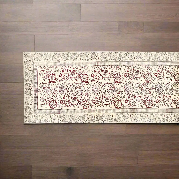 Cranberry Vine Block Print Table Runner with floral patterns, machine washable off-white design