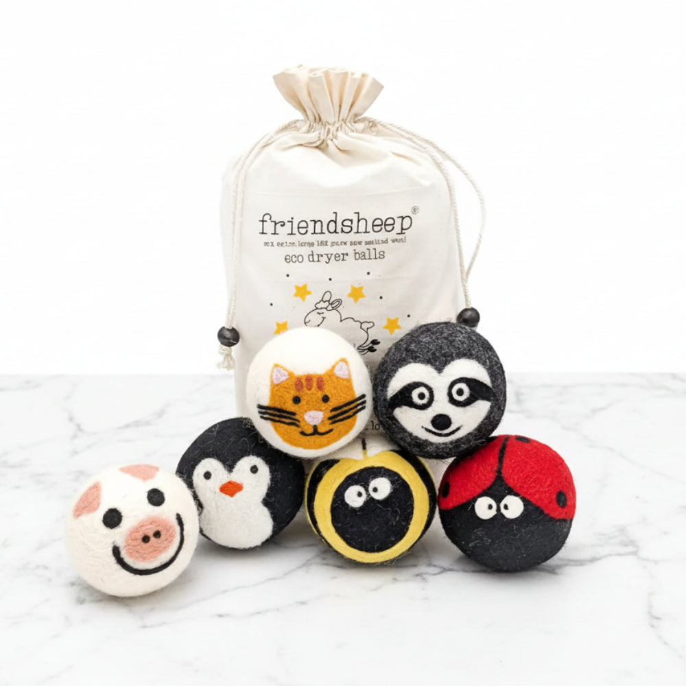 Critter Camp Eco Wool Dryer Balls: cat, raccoon, penguin, ladybug set
