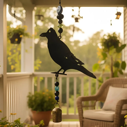 Black metal crow wind chime with colorful beads and genuine nana bell made of recycled metal for outdoor decor