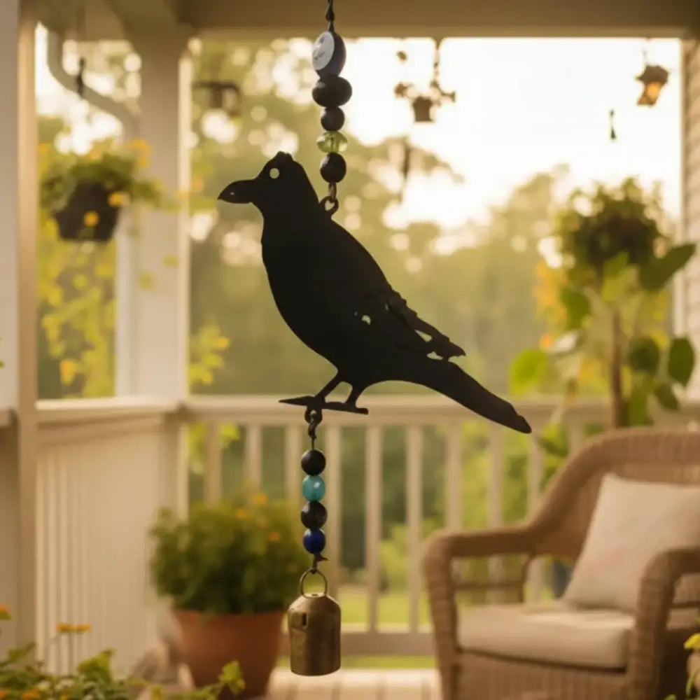 Black metal crow wind chime with colorful beads and genuine bell handmade from recycled metal unique raven gift usa