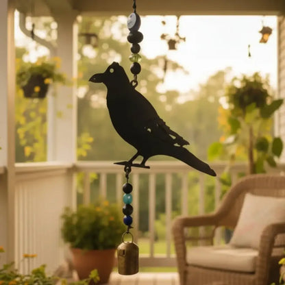 Black metal crow wind chime with colorful beads and genuine bell handmade from recycled metal unique raven gift usa