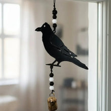 Black metal crow wind chime with colorful beads and genuine bell handmade from recycled metal unique usa gift