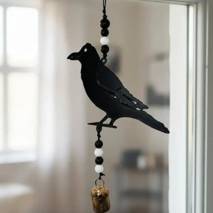 Black metal crow wind chime with colorful beads and genuine bell handmade from recycled metal unique usa gift