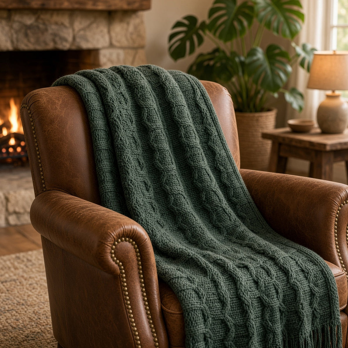 Deep green curvy green throw cable knit blanket in washed cotton draped over brown leather armchair