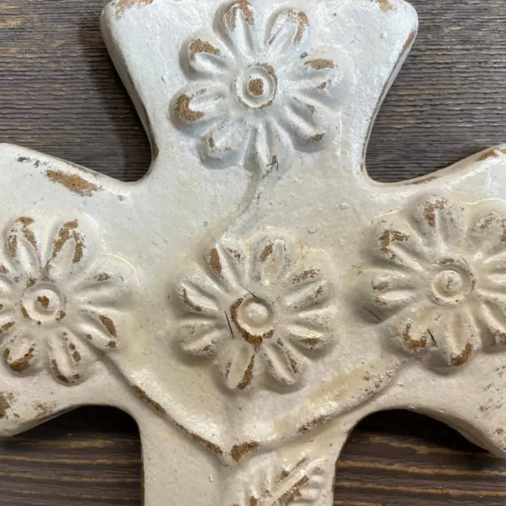 Handmade daisy white ceramic wall cross with floral designs