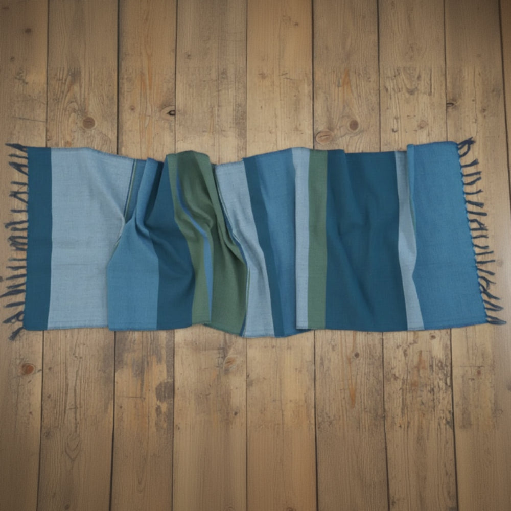 Handmade Dalol eco-friendly Ethiopian cotton table runner with blue-green stripes