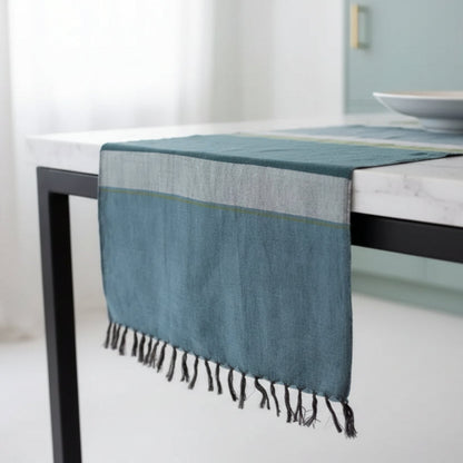Handmade eco-friendly Dalol teal linen table runner with gray stripe