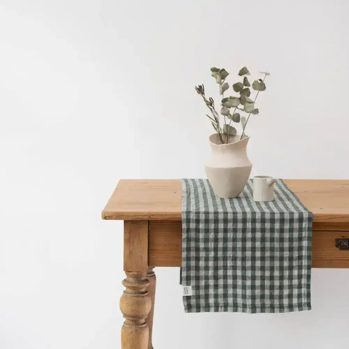 Forest Green Gingham Linen Table Runner - 16’’x59’’ | 40x150 cm