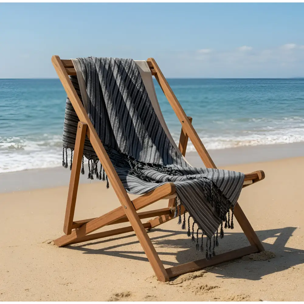 A handmade dark stripes towel in gray and white draped over a wooden folding chair perfect for beach use