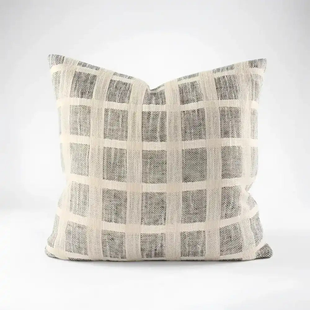 Linen pillow cover with grid design in off-white and slate colors.