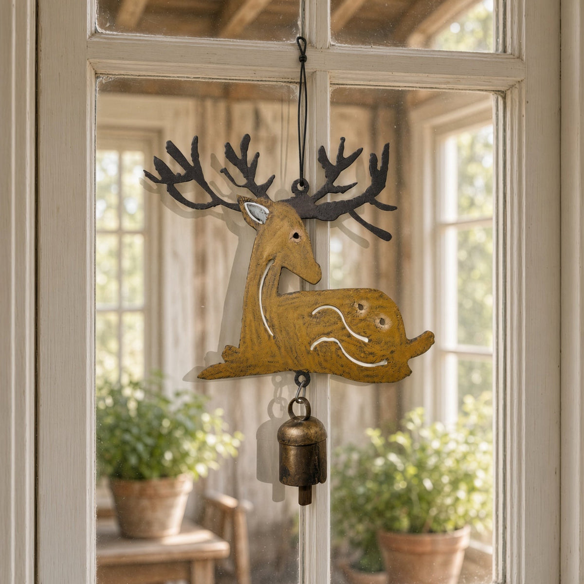 Rustic golden-brown recycled metal wind door hanger deer ornament with black antlers and brass bell for metal wind chimes
