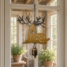 Rustic golden-brown recycled metal wind door hanger deer ornament with black antlers and brass bell for metal wind chimes