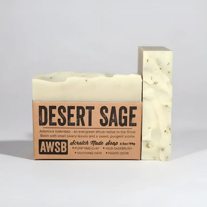 Cream-colored desert sage bar soap with herbs clay in rustic label made with certified organic essential oils