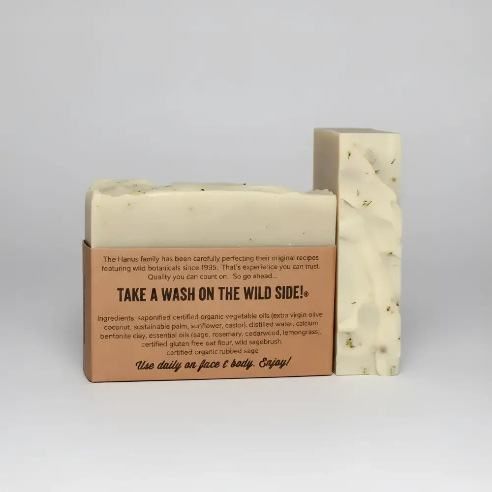 Cream-colored desert sage handmade soap bar with green herb flecks in certified organic essential oils by the hanus family