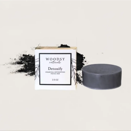 Woodsy Naturals charcoal soap with activated charcoal for deep cleansing and detoxification