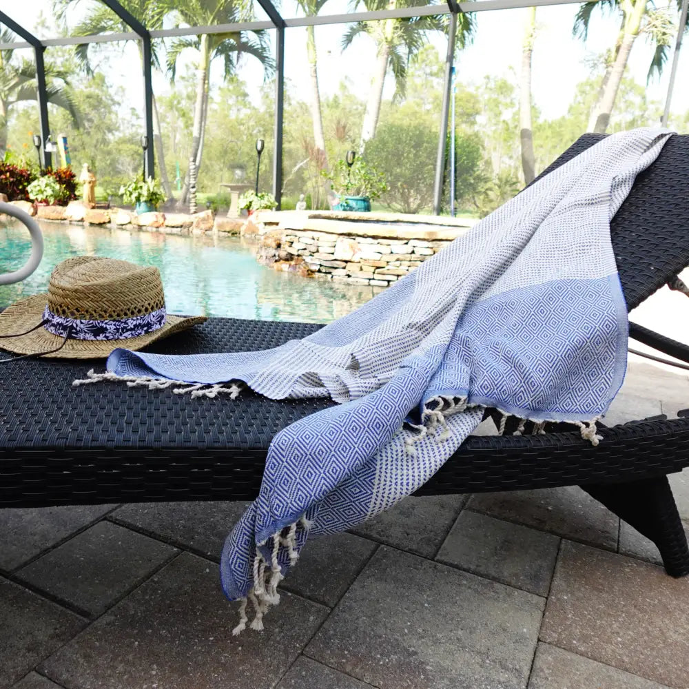 Turkish beach towel with diamond and dot woven design.