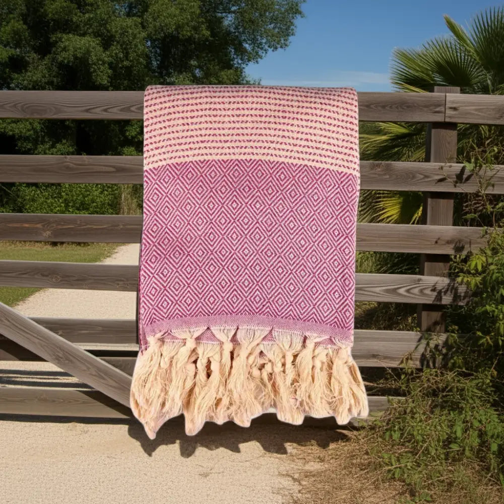Purple and cream patterned dots Turkish beach towel made with Turkish cotton and tassels