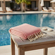 Coral red Turkish cotton towel with diamond dots pattern and tasseled edges